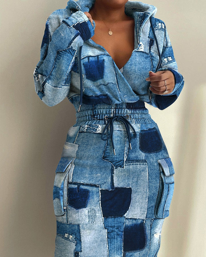 Damen Kapuzen Sweatkleid mit V-Ausschnitt, Kordelzug-Taille und Cargo-Taschen Echoarchiv