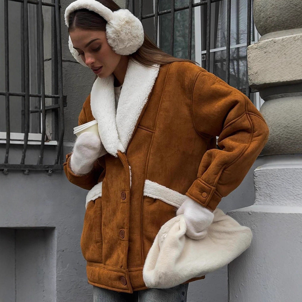 Damen Oversized Lammfellimitat Jacke mit großem Schalkragen Echoarchiv