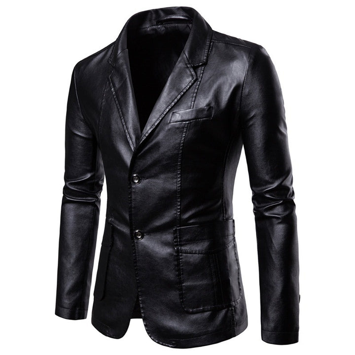 Herren Figurbetonter Lederoptik-Blazer mit Hemdkragen und Zwei-Knopf-Front – Tianoro
