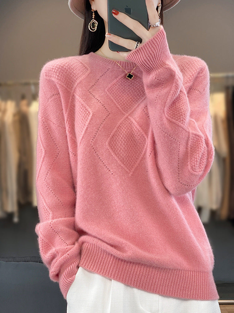 Damen Weicher Rautenmuster-Pullover im Mohair‑Look mit feiner Ajourstruktur und Rundhalsausschnitt Echoarchiv