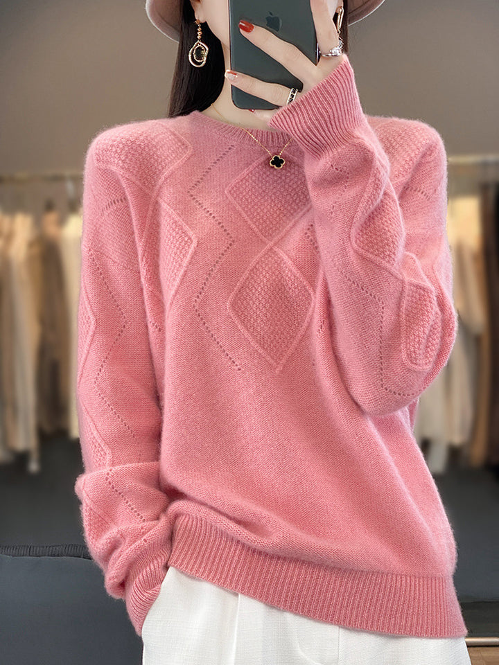 Damen Weicher Rautenmuster-Pullover im Mohair‑Look mit feiner Ajourstruktur und Rundhalsausschnitt Echoarchiv