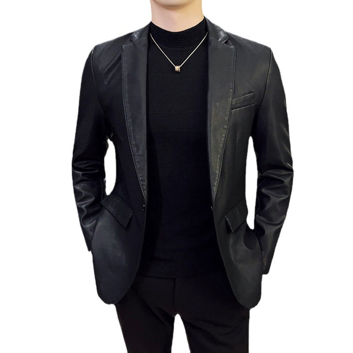 Herren eleganter Slim-Fit Lederimitat-Blazer mit Reverskragen und Pattentaschen Echoarchiv