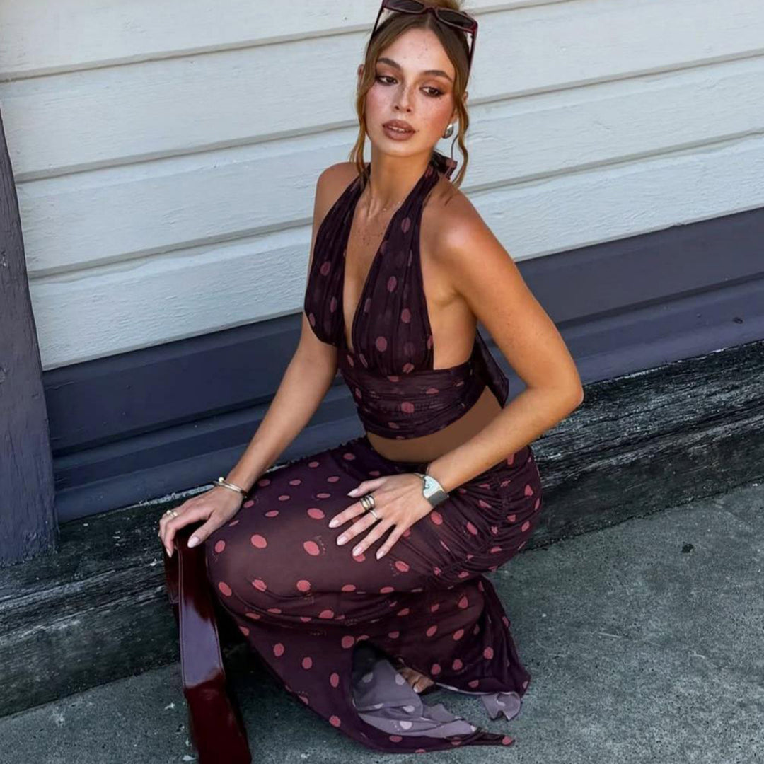 Damen Elegantes Maxikleid im Polka-Dots Design mit tiefem V-Ausschnitt und taillierter Silhouette Echo Archiv