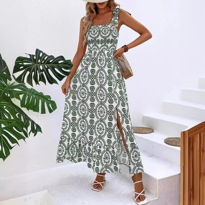 Damen Maxikleid mit Smok-Bustier, Bindeträgern und seitlichem Beinschlitz – Valéora
