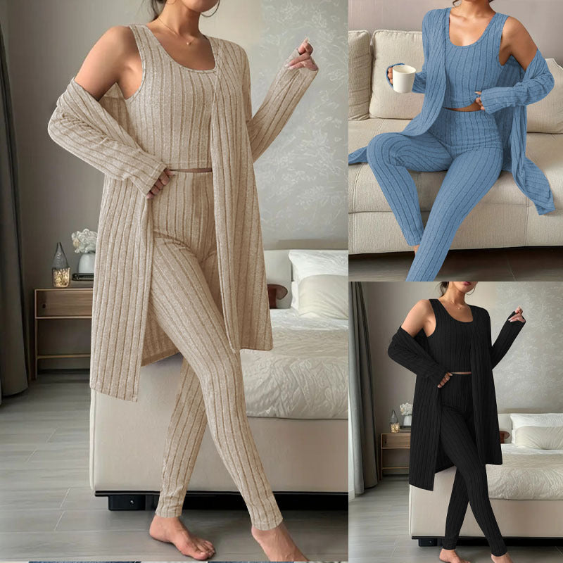 Damen Dreiteiliges geripptes Lounge-Set mit Longcardigan, Crop-Top und High-Waist-Leggings – Élanora