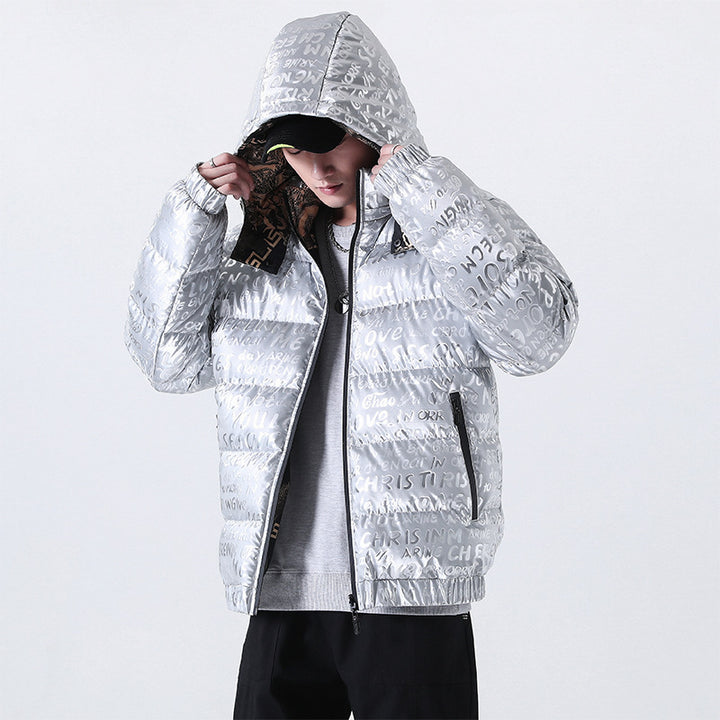 Herren Reflektierende gesteppte Daunenoptik-Überjacke mit Kapuze und Allover-Print Echoarchiv
