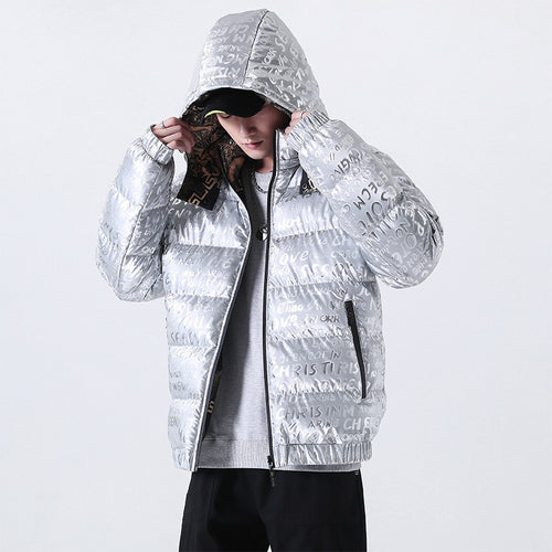 Herren Reflektierende gesteppte Daunenoptik-Überjacke mit Kapuze und Allover-Print Echoarchiv