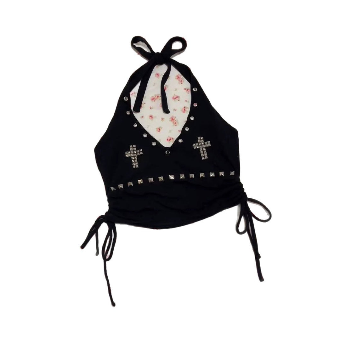 Damen Stylish Crop-Top mit dekorativen Riemen und Nieten Echo Archiv