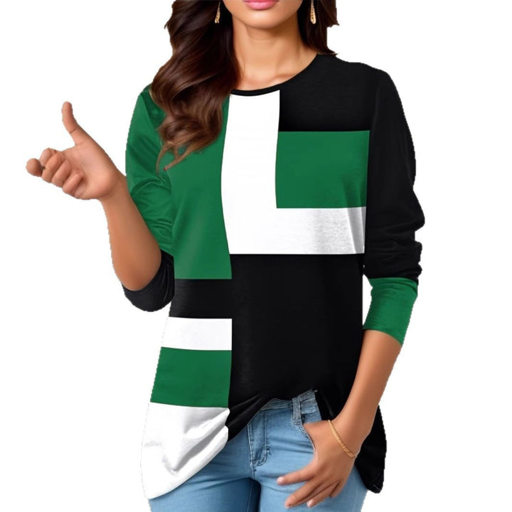 Damen nan geometrisches Colorblock Longsleeve-Tunika-Oberteil mit Rundhalsausschnitt und asymmetrischem Saum Echo Archiv