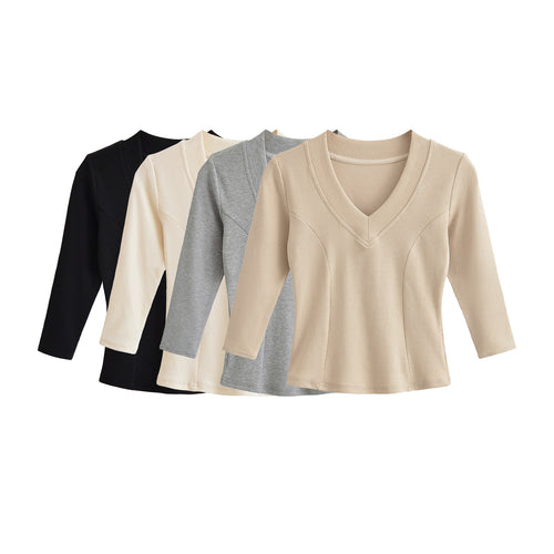 Damen Geripptes Langarmshirt mit V-Ausschnitt und taillierter Schnittführung Echoarchiv