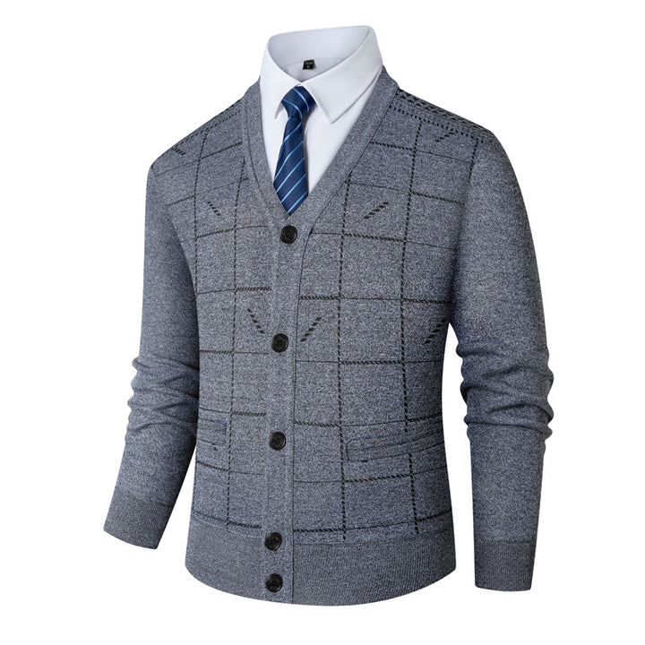 Herren V-Ausschnitt Strickjacke mit modernen Karomuster Echoarchiv