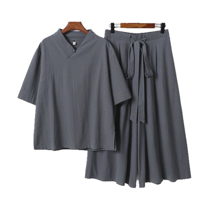 Damen Weites Kimono-Loungewear-Set mit V-Ausschnitt und Culotte-Hose Echoarchiv