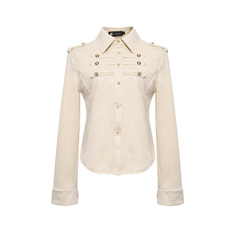 Damen Militärische Velours‑Optik Jacke mit Schulterklappen und Zierriegeln Echoarchiv