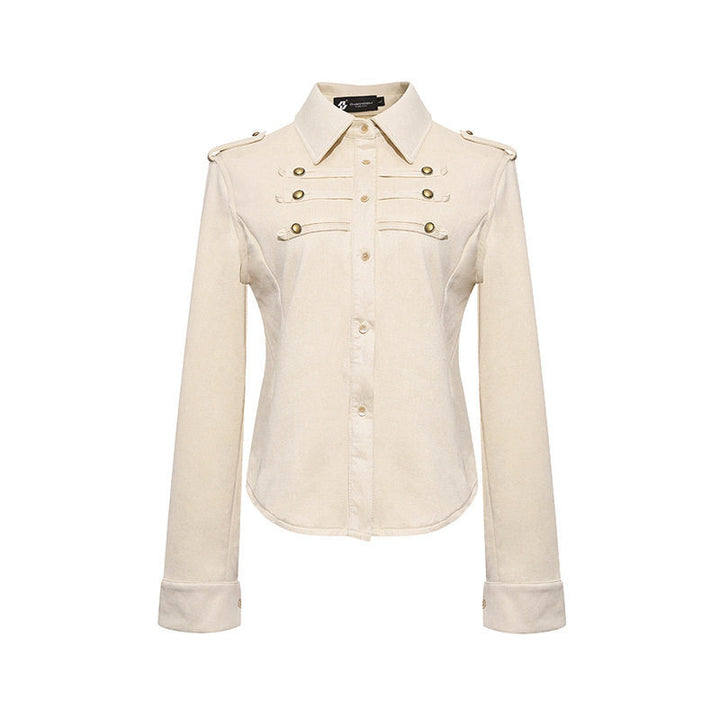 Damen Militärische Velours‑Optik Jacke mit Schulterklappen und Zierriegeln Echoarchiv