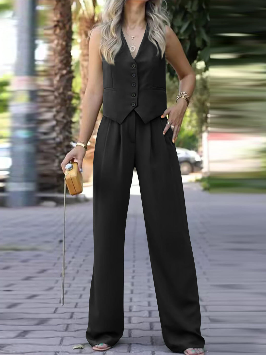 Damen Eleganter Zweiteiler mit taillierter Weste und weiter Palazzo-Hose – Célinea