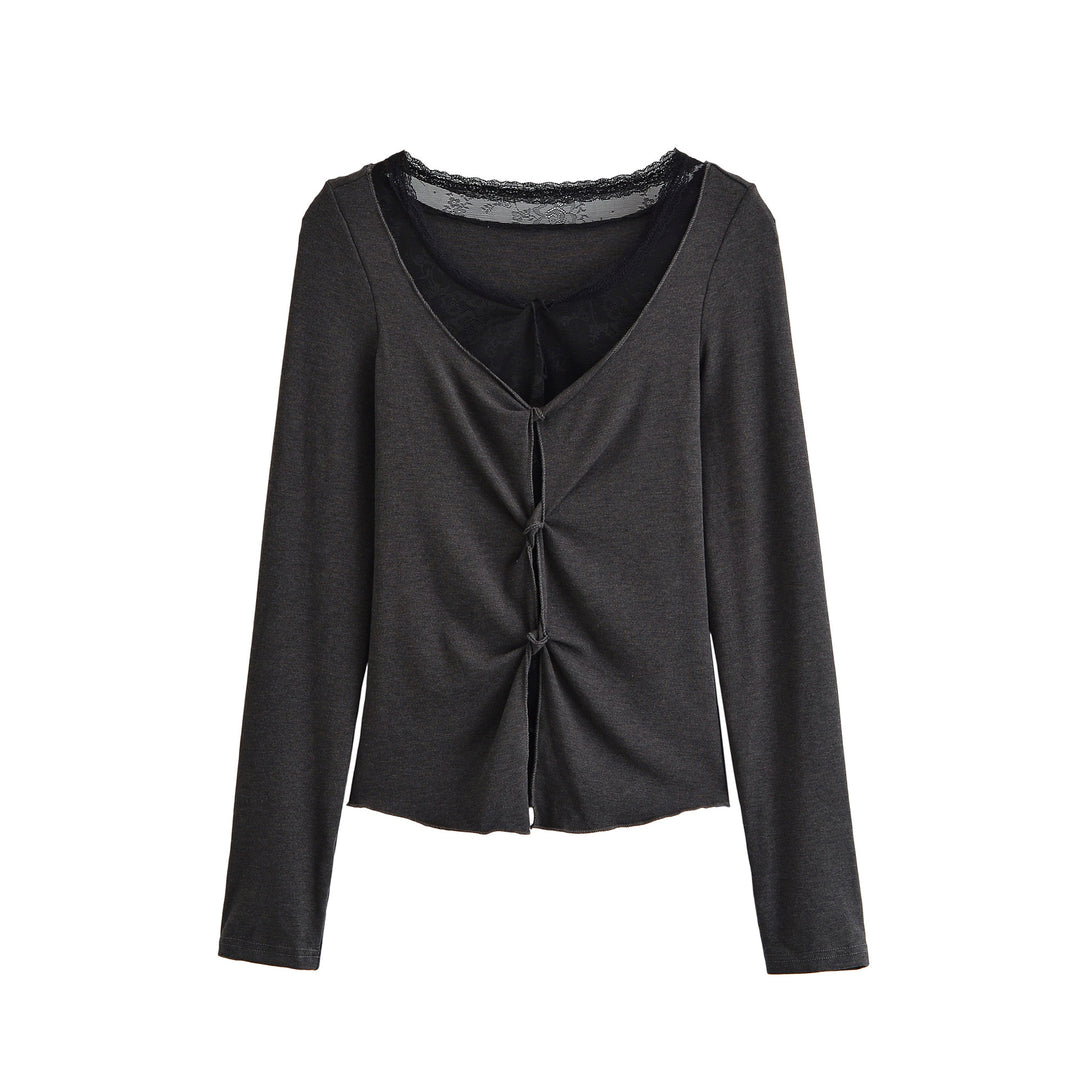 Damen Langarm-Feinjersey-Top mit Spitzen-Einsatz, Knotenfront und Raffung Echoarchiv