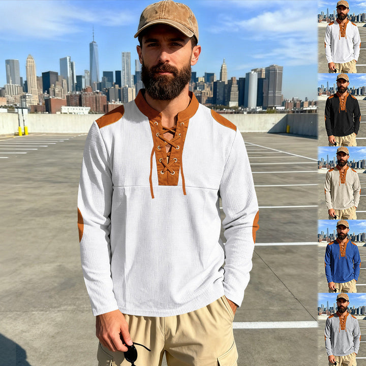 Herren Waffelstrick-Langarmshirt mit Schnürung und Kunstvelours-Ellbogenpatches – Cavarno