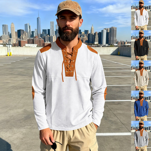 Herren Waffelstrick-Langarmshirt mit Schnürung und Kunstvelours-Ellbogenpatches – Cavarno
