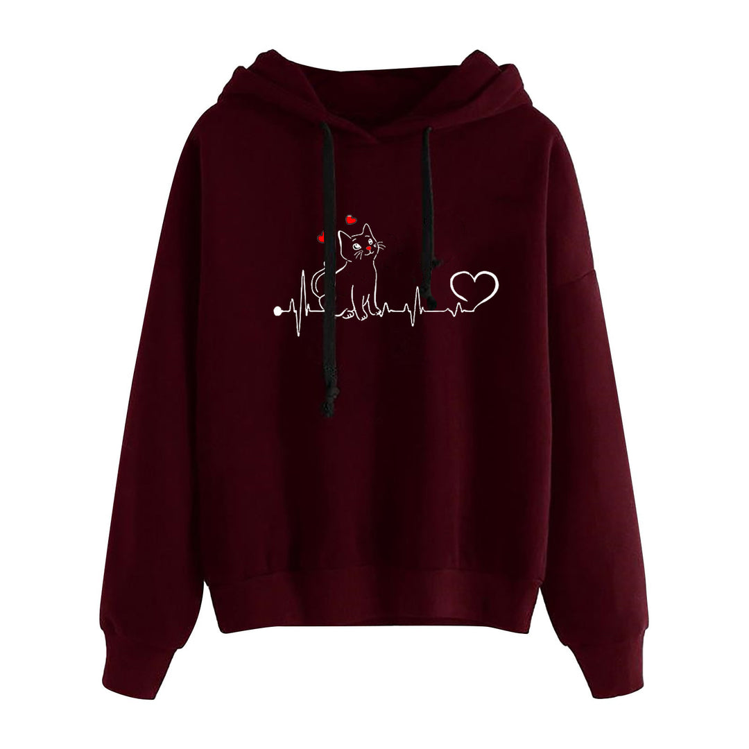 Damen leichter Oversize Kapuzenpullover mit Herz‑EKG‑Motiv, langen Kordeln und elastischem Bund – Auréline