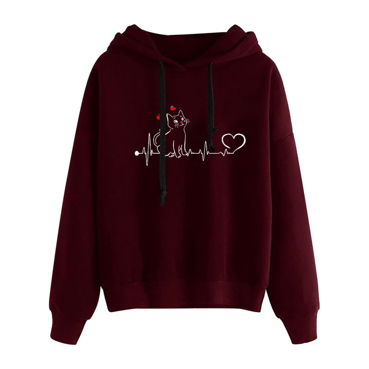 Damen leichter Oversize Kapuzenpullover mit Herz‑EKG‑Motiv, langen Kordeln und elastischem Bund – Auréline