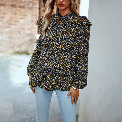 Damen geblümte Chiffon-Bluse mit gerafftem Stehkragen, Volant-Schultern und tailliertem Stufen-Saum – Élovi