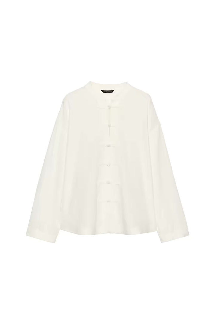 Damen Locker geschnittene Bluse im Mandarin‑Look mit Knotenknöpfen Echo Archiv