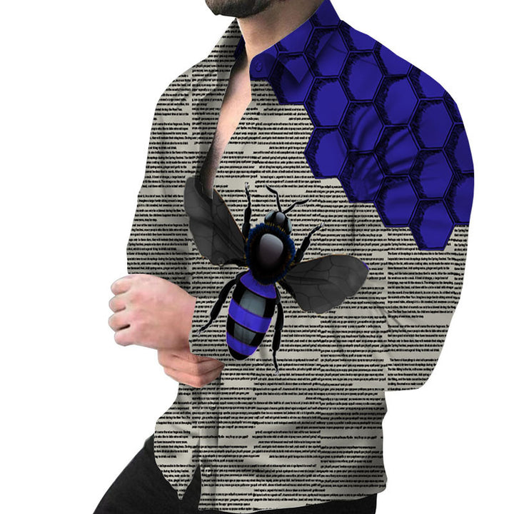 Herren Kreatives Langarmhemd mit künstlerischem Bienenmuster und strukturiertem Design Echoarchiv