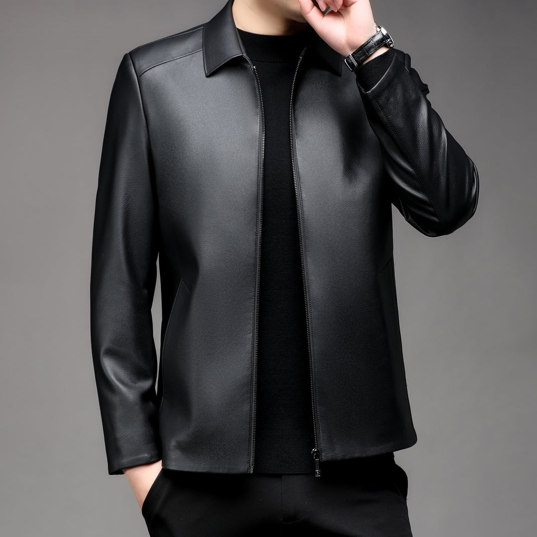 Herren Glatte Kunstleder-Zipjacke mit Hemdkragen und schlanker Silhouette Echoarchiv