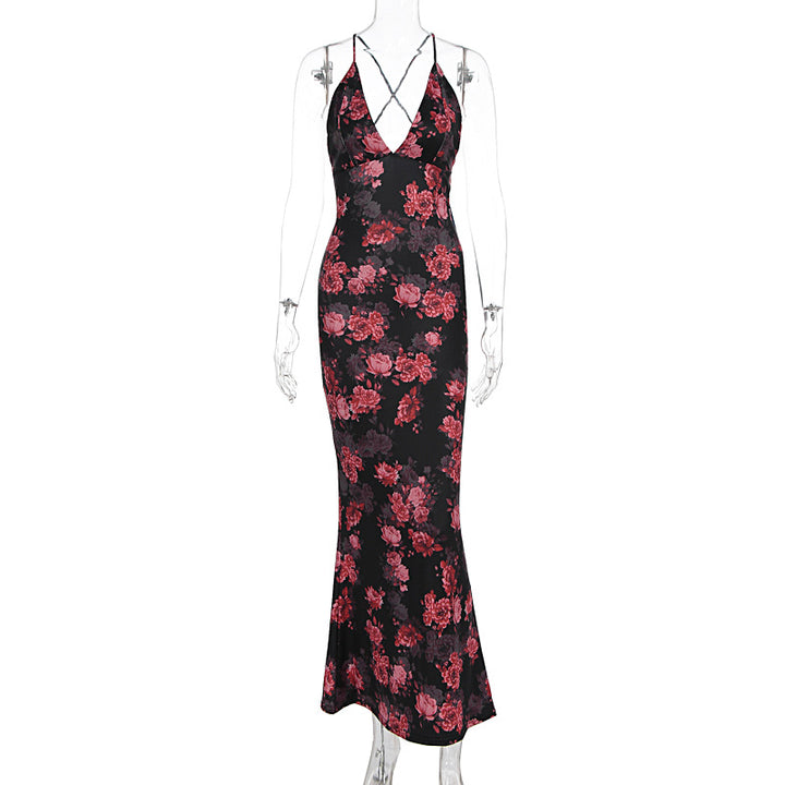 Damen Elegantes Maxikleid mit tiefem V-Ausschnitt und Spaghettiträgern Echo Archiv