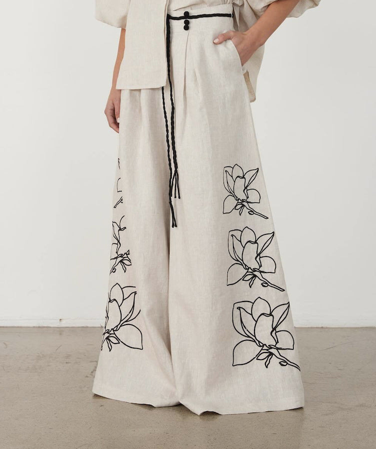 Damen Weit geschnittene Leinenhose mit floralen Stickereien Echo Archiv