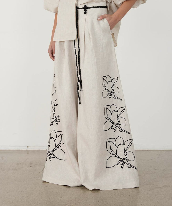 Damen Weit geschnittene Leinenhose mit floralen Stickereien Echo Archiv