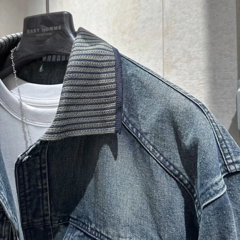 Herren Weitgeschnittene Jeansjacke mit geripptem Kontrastkragen und Vintage-Waschung Echoarchiv
