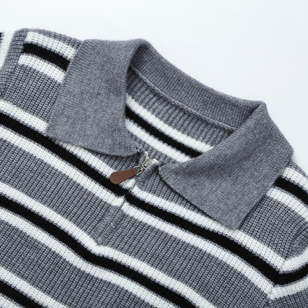 Damen Gestreifter Strickpullover mit Polokragen und Halbreißverschluss Echoarchiv