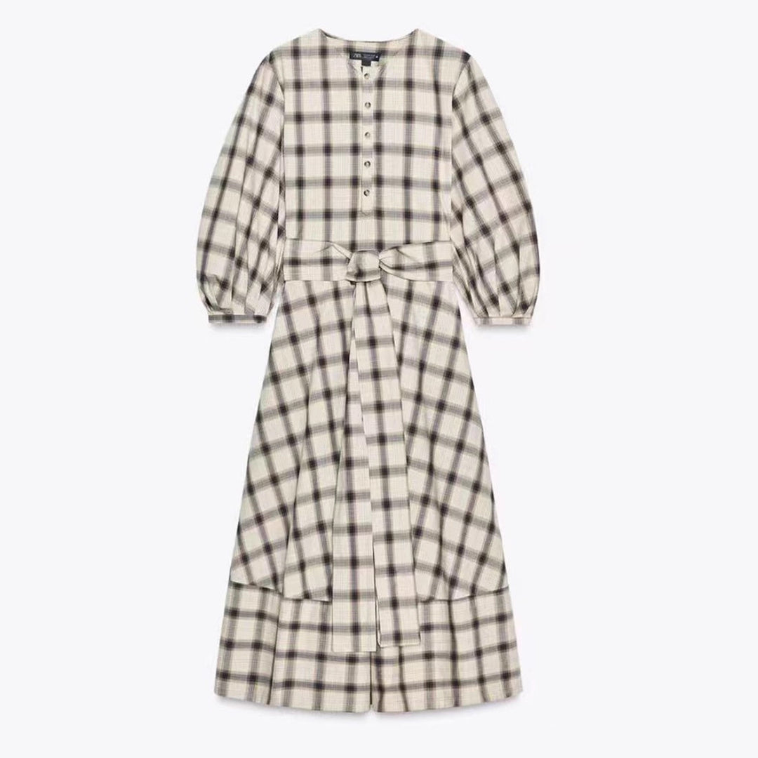 Damen nan kariertes Midikleid mit Ballonärmeln, Taillengürtel und Zierknopfleiste Echo Archiv