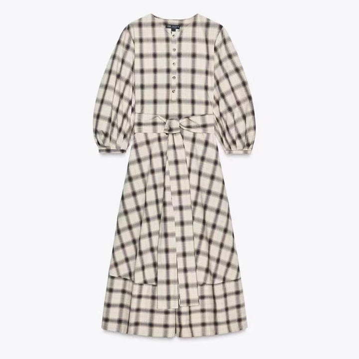 Damen nan kariertes Midikleid mit Ballonärmeln, Taillengürtel und Zierknopfleiste Echo Archiv