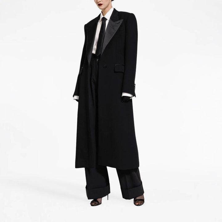 Damen Eleganter Smoking-Hosenanzug mit langem Mantel und weiten Bundfaltenhosen Echoarchiv