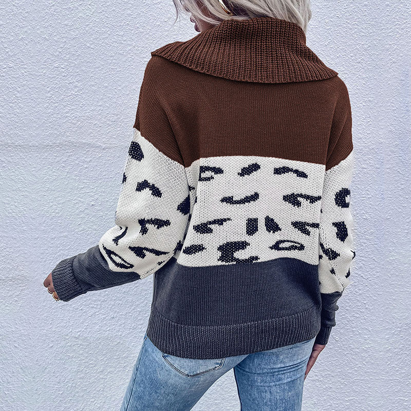 Damen Strickpullover mit weitem Rollkragen, Colorblock und Leopardenmuster Echoarchiv