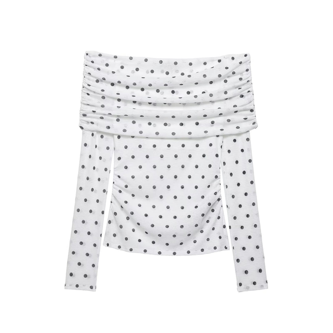 Damen Schulterfreies Langarm-Top mit Wasserfallkragen und Polka-Dot-Print Echo Archiv