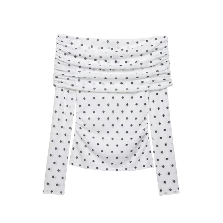 Damen Schulterfreies Langarm-Top mit Wasserfallkragen und Polka-Dot-Print Echo Archiv