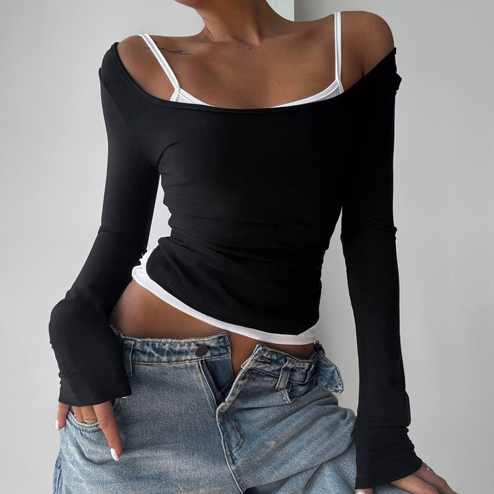 Damen nan tailliertes Longsleeve-Cropped-Top mit eckigem Ausschnitt und doppelten Spaghettiträgern Echo Archiv