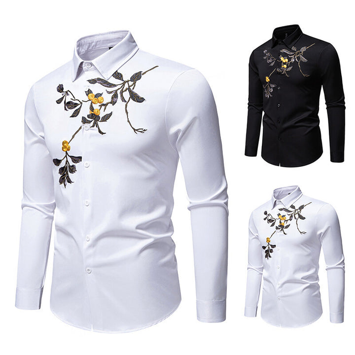 Herren elegantes Langarmhemd mit floraler Stickerei Echoarchiv