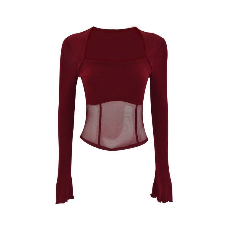 Elegantes Patchwork-Oberteil mit Netzstoff und langen Ärmeln für Damen – Echo Archiv