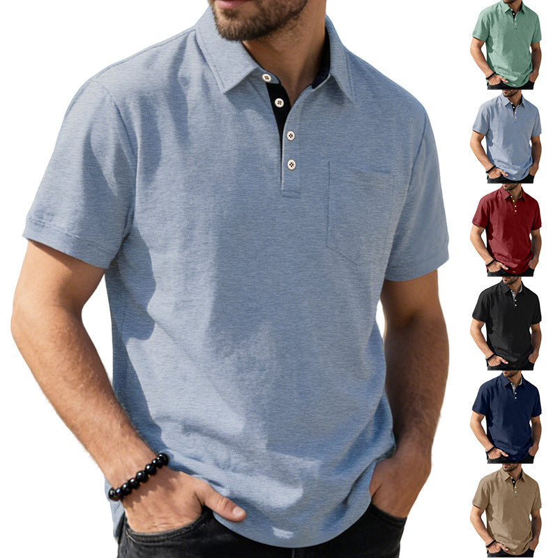 Herren nan Kurzarm-Polokragen-Shirt aus texturiertem Jersey mit Brusttasche und kontrastierter Knopfleiste Echo Archiv