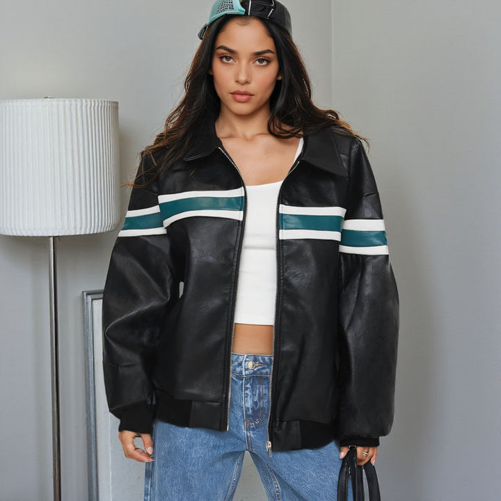 Damen Kunstleder-Bomberjacke mit Retro-Streifen und durchgehendem Reißverschluss – Avérine