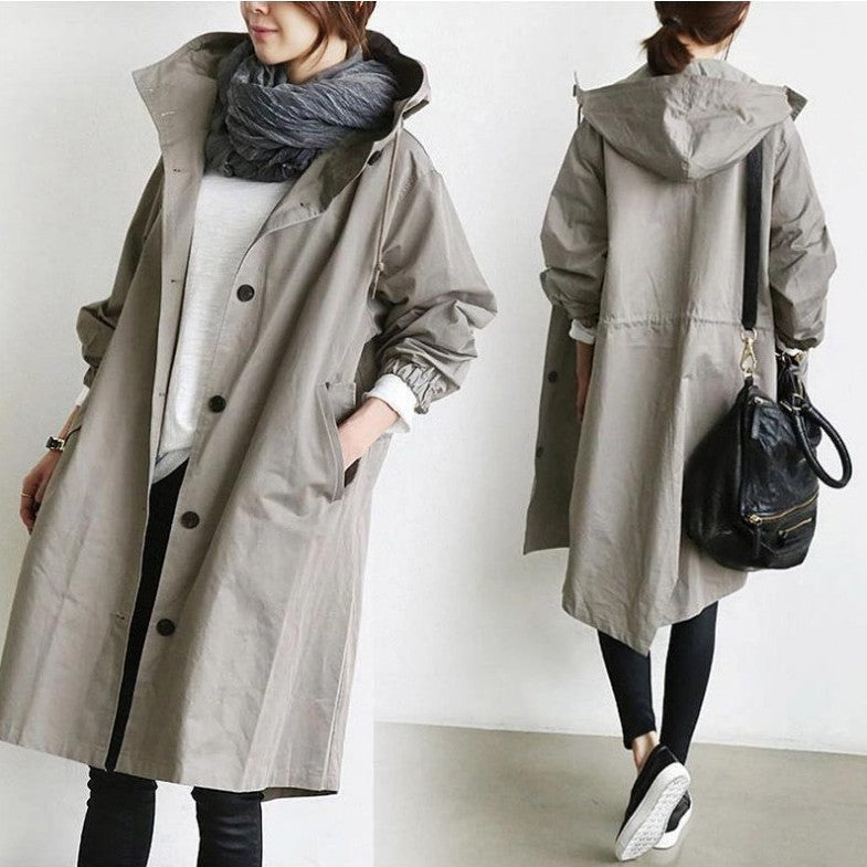 Damen nan leichter oversized Regenmantel mit Kapuze und verdeckter Knopfleiste Echo Archiv