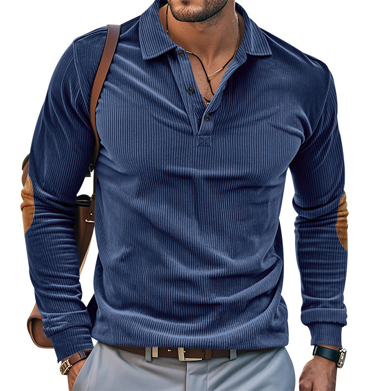 Herren lässiges Langarm-Henley-Shirt mit strukturiertem Rippenstoff und kontrastierenden Ellbogenpatches Echoarchiv
