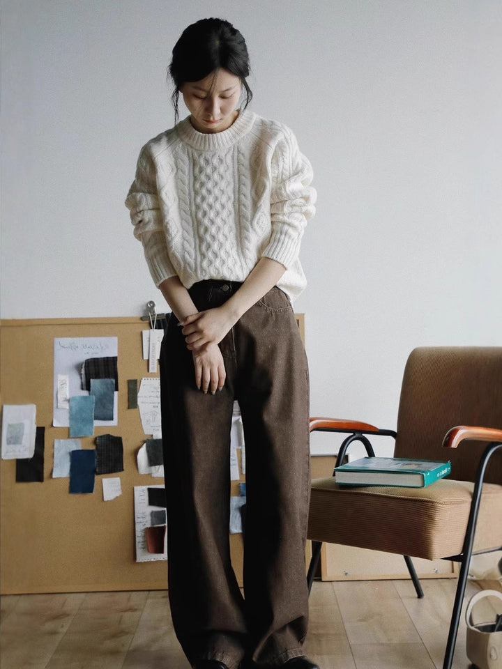 Damen Strukturierter Zopfmuster-Pullover aus Merino-Mix mit gerippten Abschlüssen und kastiger Passform Echoarchiv