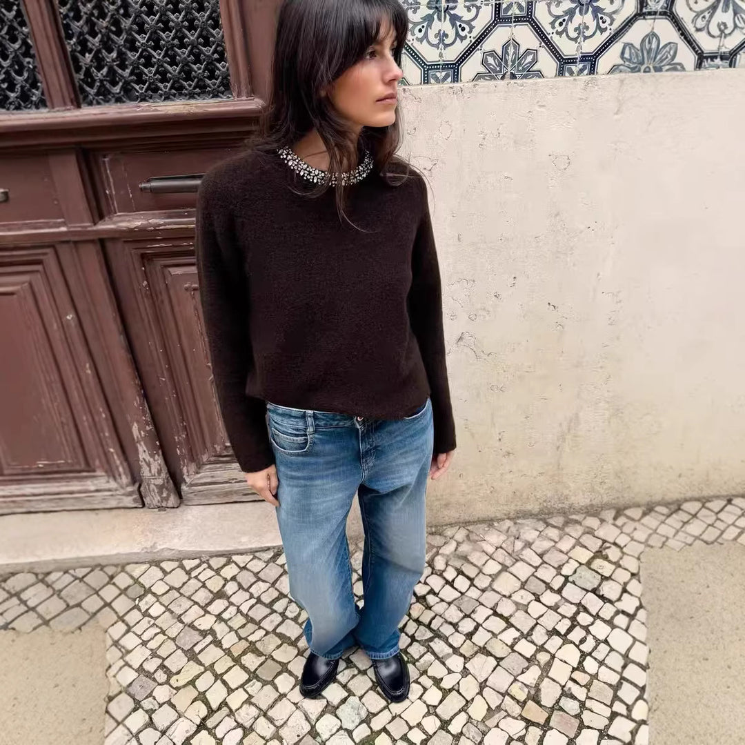 Damen Feinstrick-Pullover mit Schmuckkragen und leichtem Boxy-Cropped-Schnitt Echoarchiv