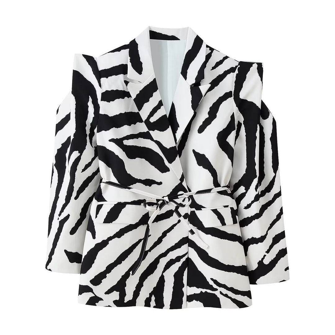 Damen Blazer mit Zebra-Print, tailliertem Bindegürtel und Cut-Out-Schultern Echo Archiv