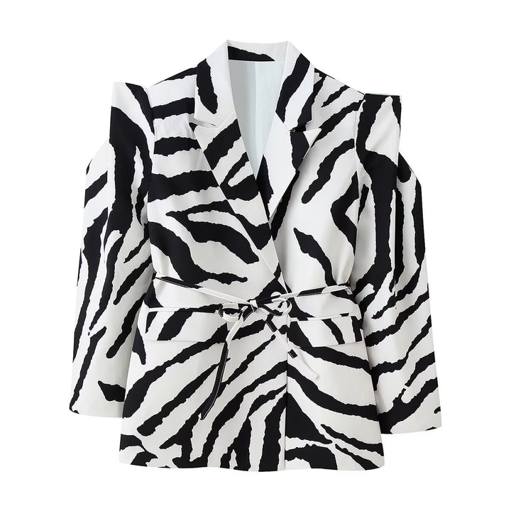 Damen Blazer mit Zebra-Print, tailliertem Bindegürtel und Cut-Out-Schultern Echo Archiv
